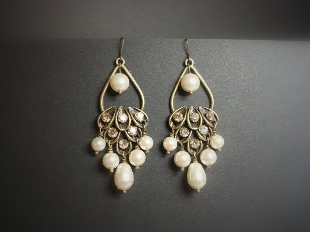 Bridal earrings, wedding jewelry, vintage style earrings with Swarovski golden shadow crystals, Swarovski ivory pearls, chandelier earrings