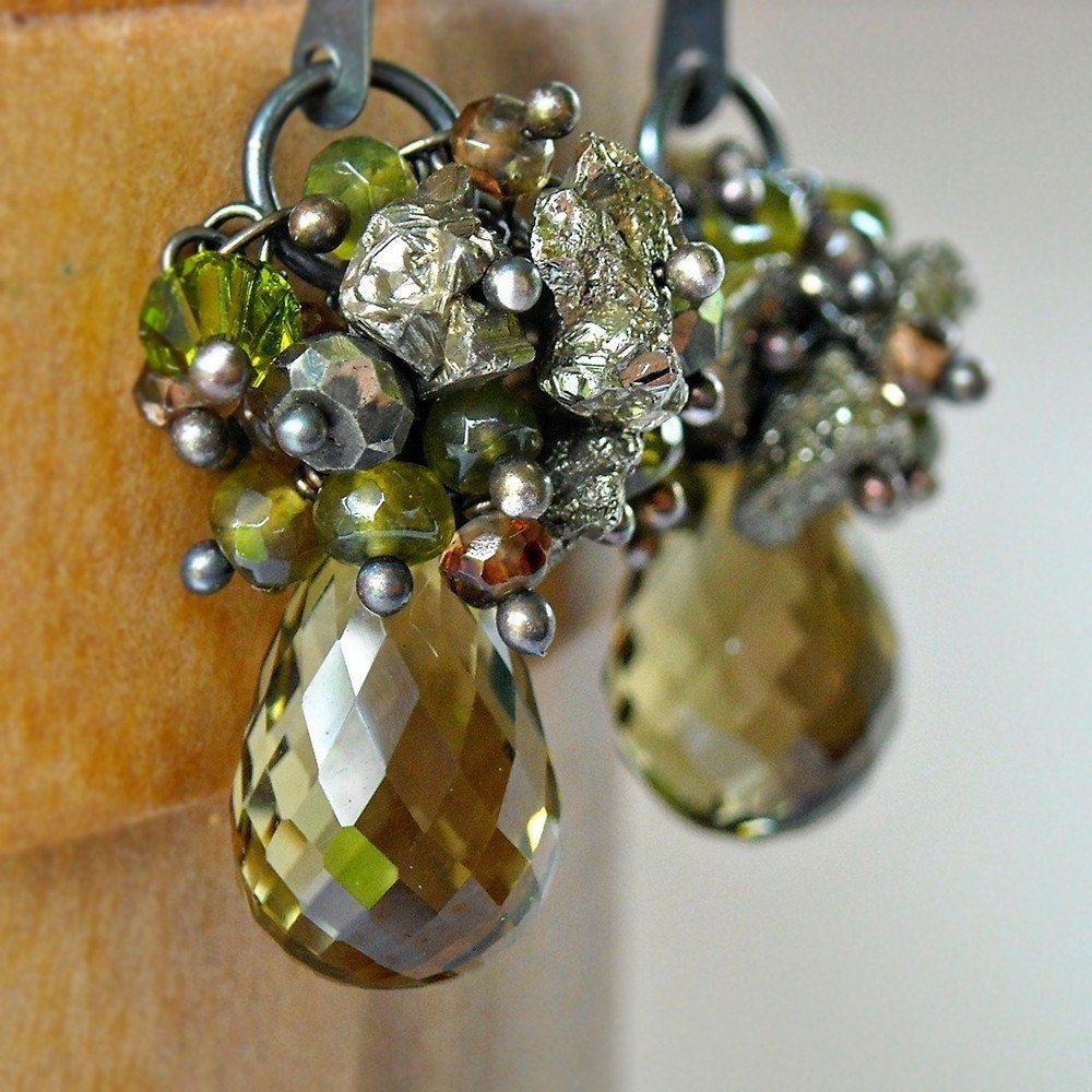 Leif Earrings - olive quartz, pyrite, vesuvanite, oxidized sterling silver