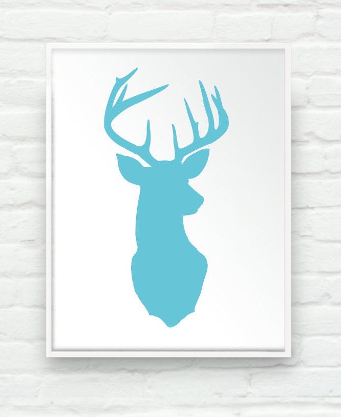 Deer Head Print Silhouette - Color on White Background - Deer Oh Deer -  11x14 inch Stag Antlers Fine Art