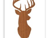 Deer Head Print Silhouette - Faux Wood Grain Faux Bois on White Background - Deer Oh Deer -  11x14 inch Stag Antlers Wall Mount