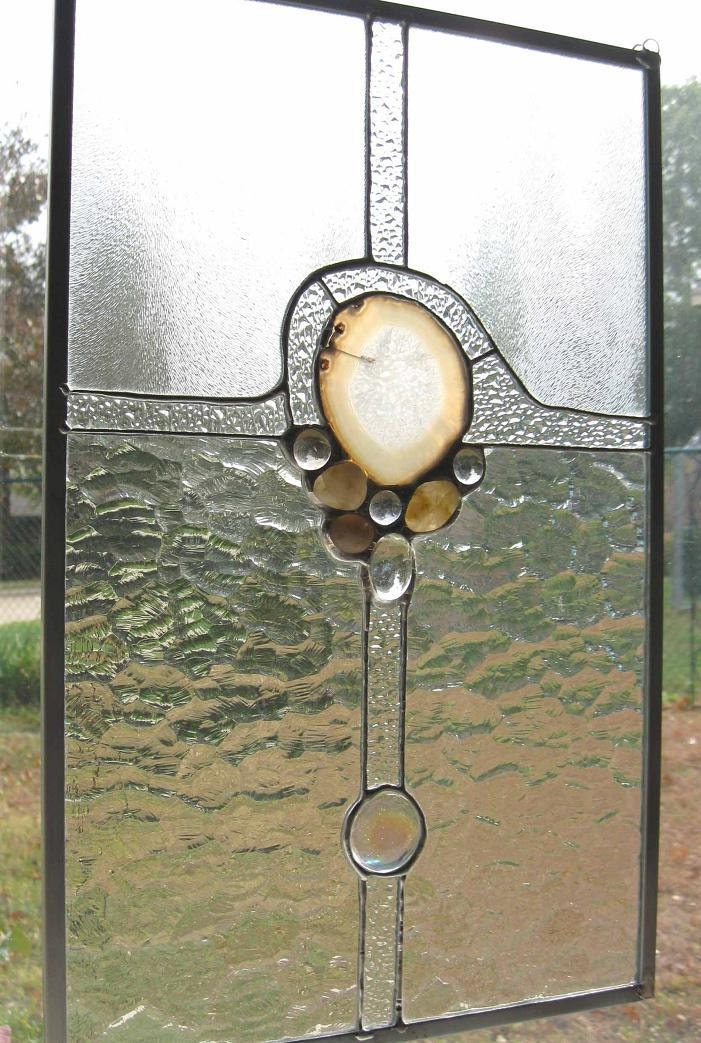 Clear Contemporary Stained Glass Panel with Natural Agate Slice, Glass Nuggets and Stones