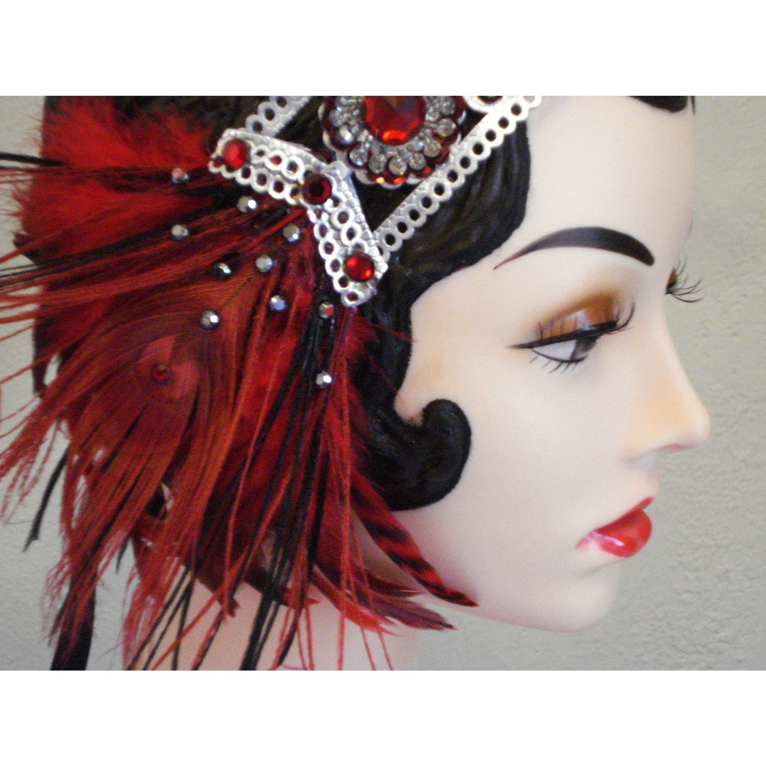 Lady Is A Vamp - Bejeweled Peacock Feather Flapper Headband in Ruby Red, Black and Silver