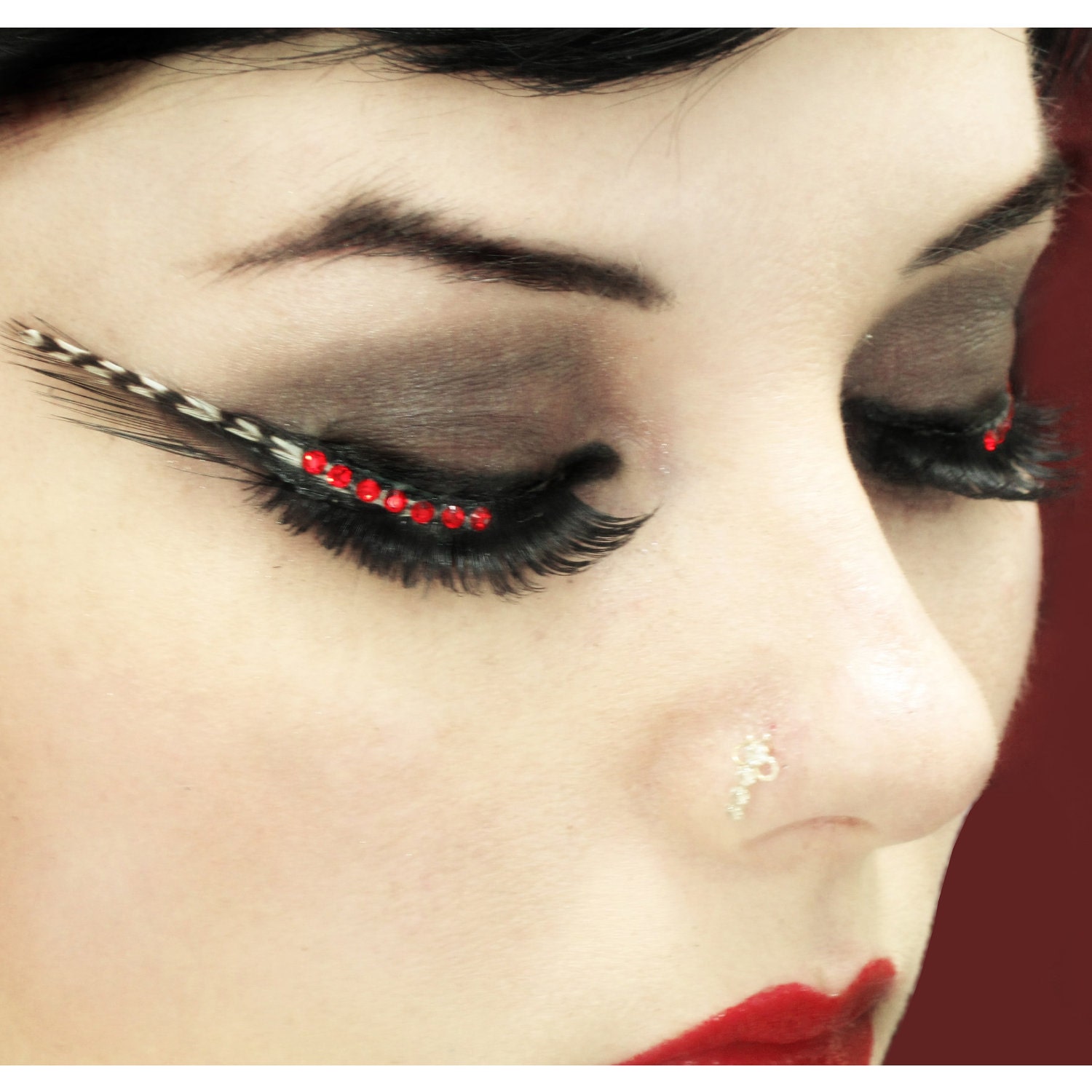 Zebra -  Black & White Striped Feather Eyelashes w/ Red Swarovski Crystals - By Moonshine Baby