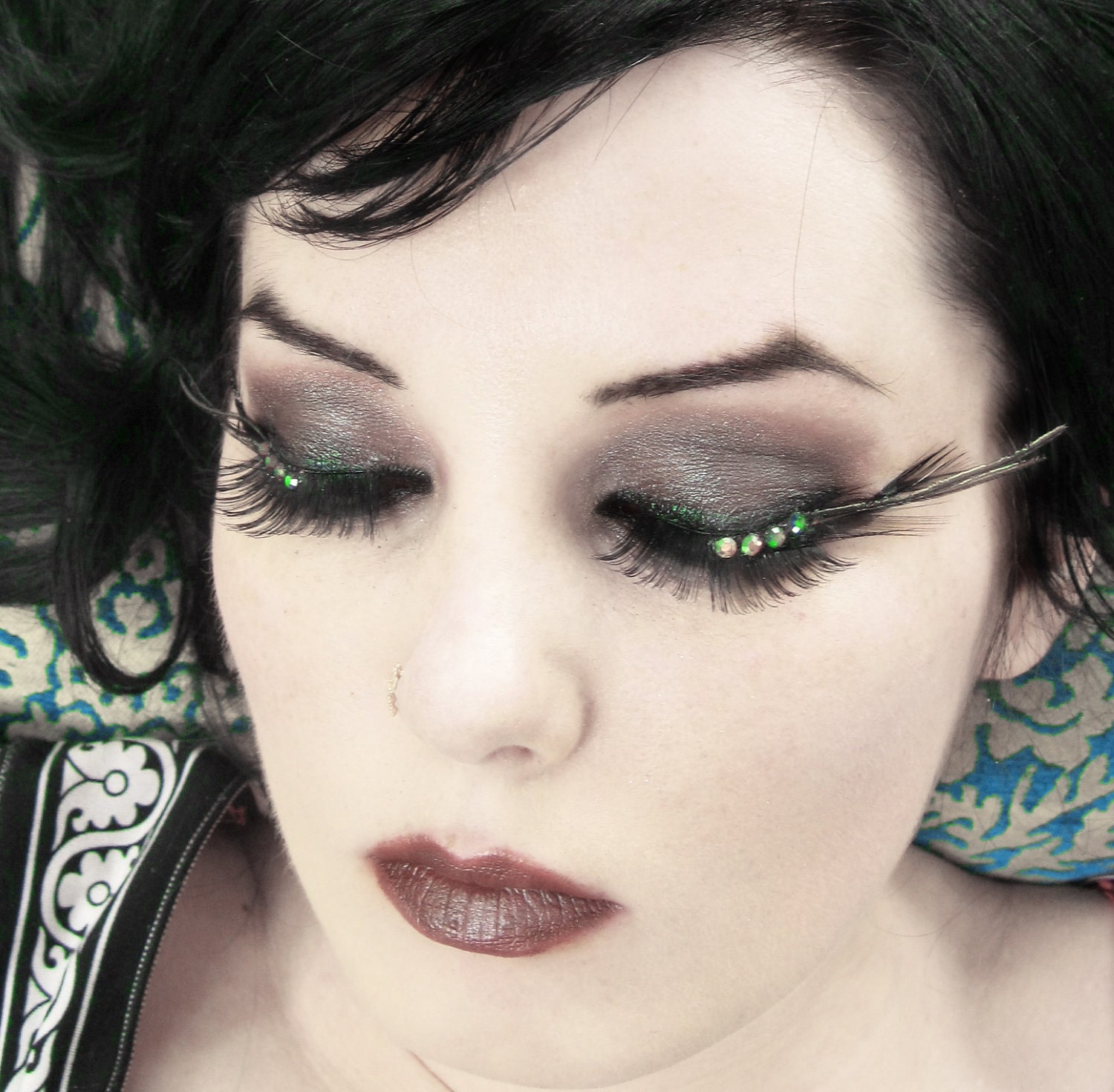 Absinthe - Iridescent Green & Gold Peacock Feather Eyelashes w/ Swarovski Crystals - By Moonshine Baby