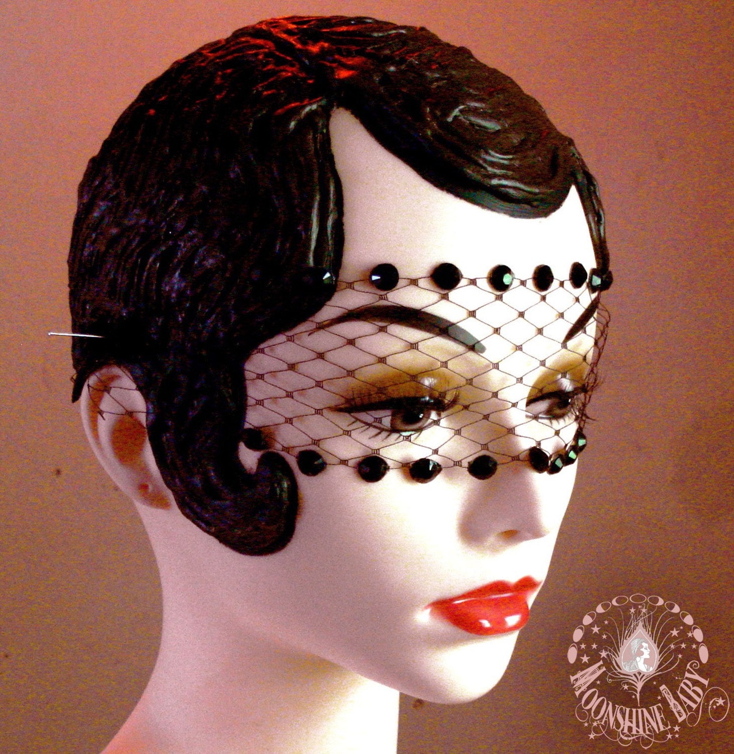 Vamp Black Lace Bandeau Mask w/ Onyx Black Swarovski Crystals & French Netting - by Moonshine Baby