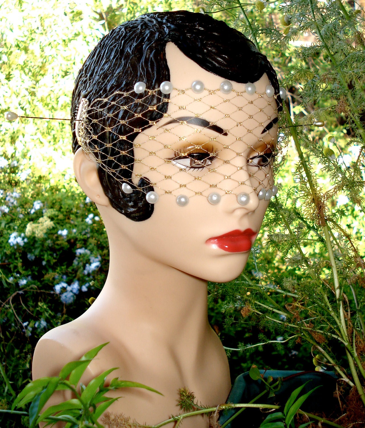 Custom Order for Etsy member Tinky3000 - Gold Net Lace Bandeau Mask w/ Pearls