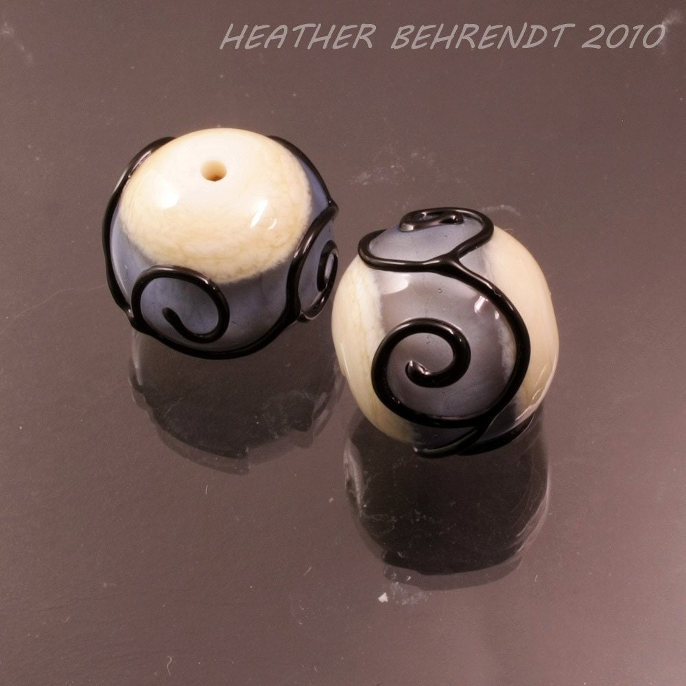 Handmade Lampwork Beads Black Scrolls Ivory Cream Blue Rounds Earring Pair Glass Heather Behrendt (520) BHV SRA LETeam