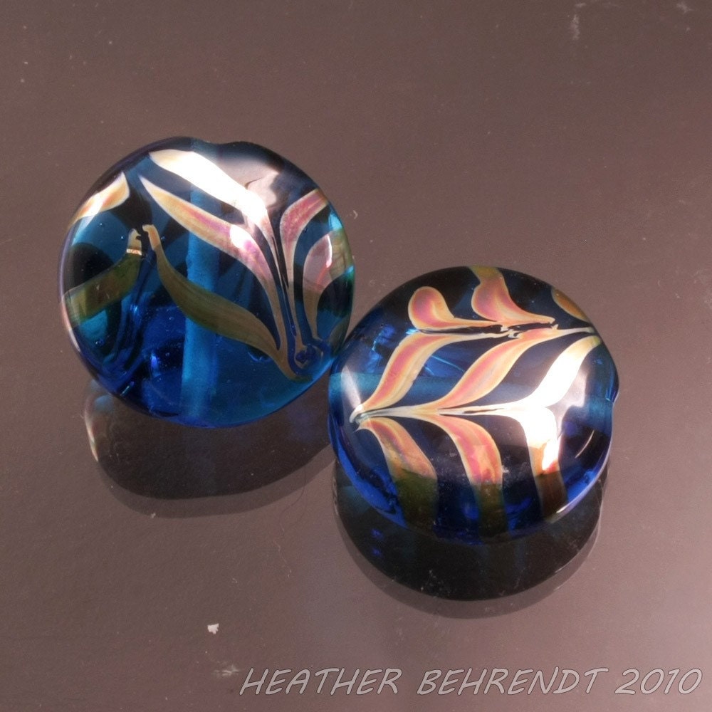Handmade Lampwork Beads Blue Aqua Lentils Metallic Stripes Earring Pair Heather Behrendt (531) BHV SRA LETeam