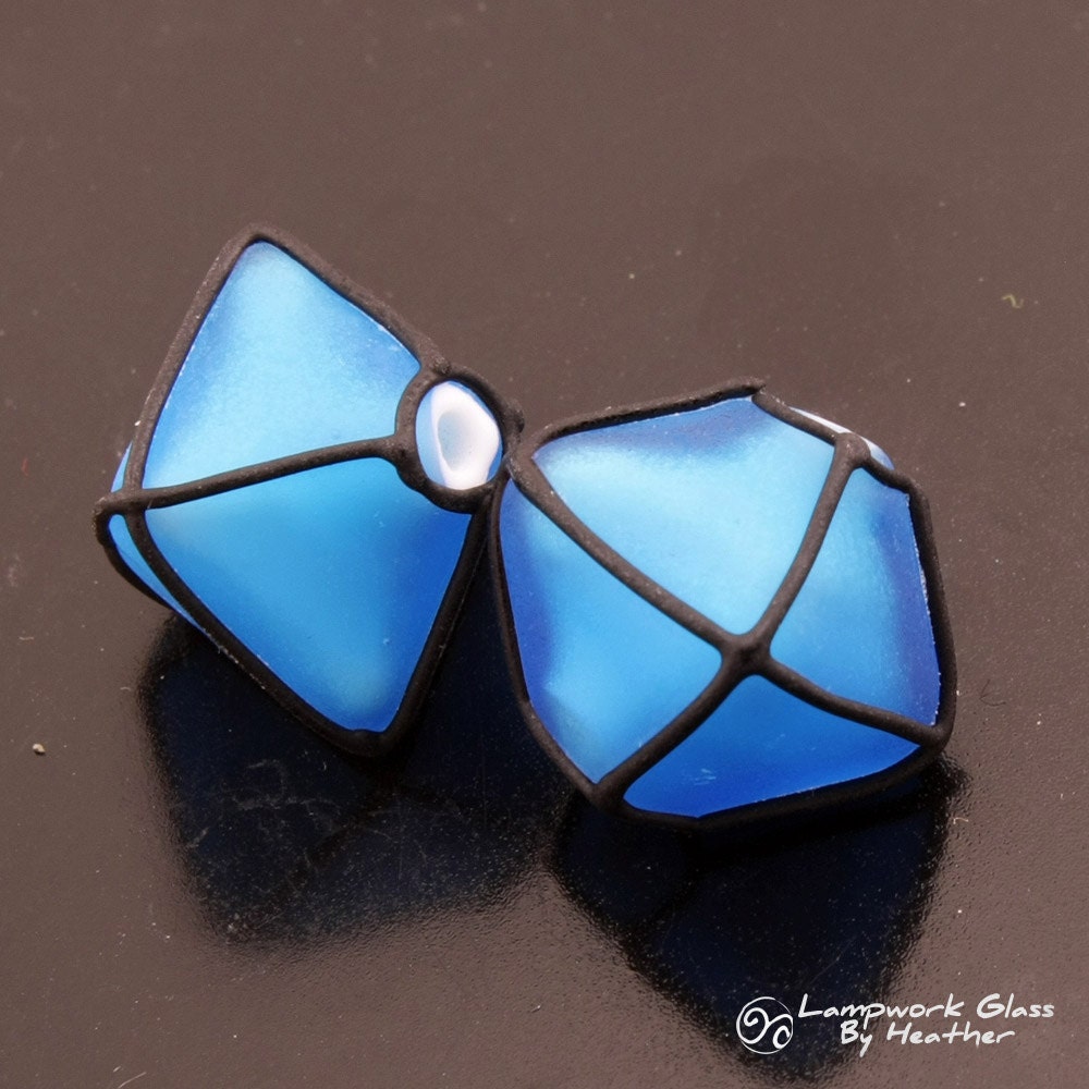 Glass Lampwork Beads Handmade Aqua Blue Whiteheart Etched Crystals Black Earring Pair Lampwork Heather Behrendt (1452) BHV SRA LETeam