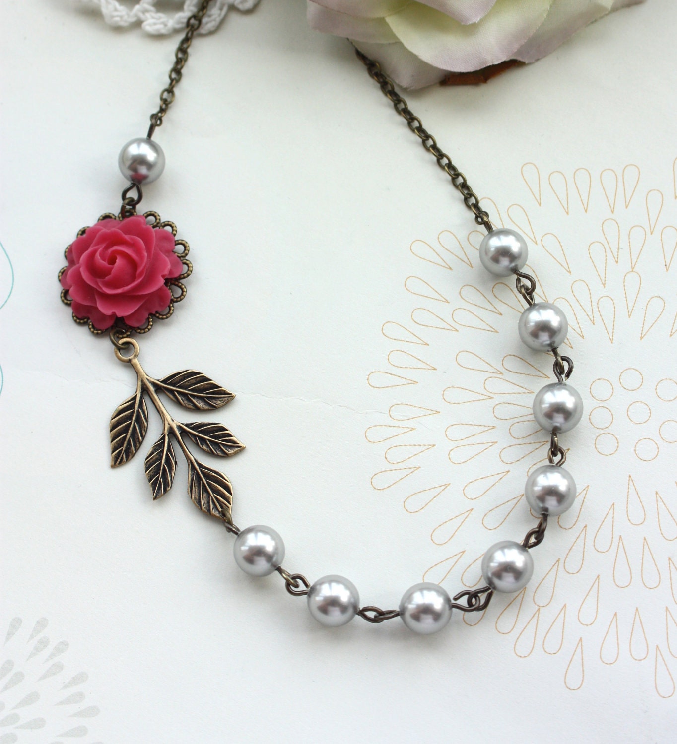 Wedding Jewelry Bridesmaid Necklace. A Sweet Pink Rose Flower, Oxidized Branch Leaf , Silver Grey Pearls Necklace..  Maid of Honor Gifts.