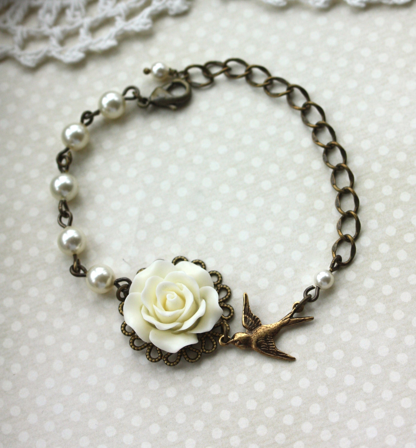 An Ivory Rose Flower, Swarovski Ivory Pearls, Swallow Bird Adjustable Bracelet. Bridesmaid Gifts. For Sister. Bridal Party Wedding Gifts