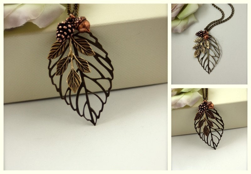An Autumns Dreamy Day... - Antiqued Bronze Leaf Pendant with Copper Acorn and Pinecone Necklace.  Vintage Style Necklace