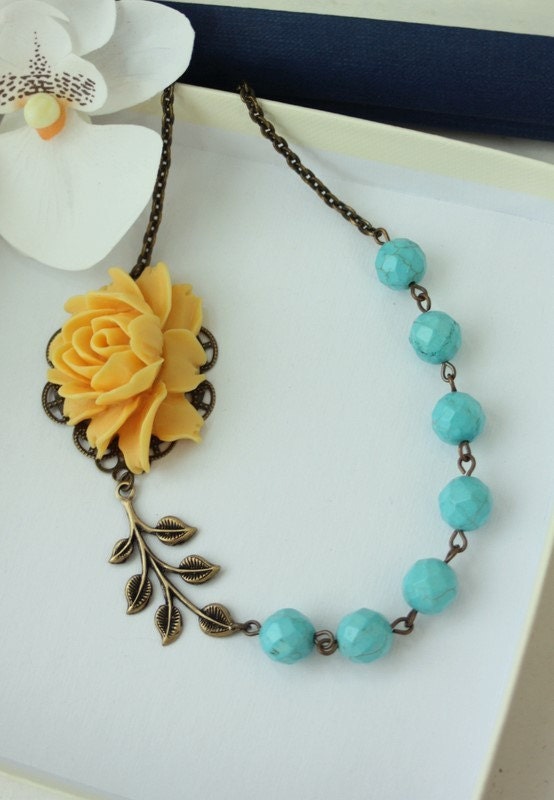 A Ray of Sunshine & Blue Skies - A Large Bright Orangey Yellow Rose Flower, Blue Howlite Gemstone Necklace. Summer. For Her. Maid of Honor.