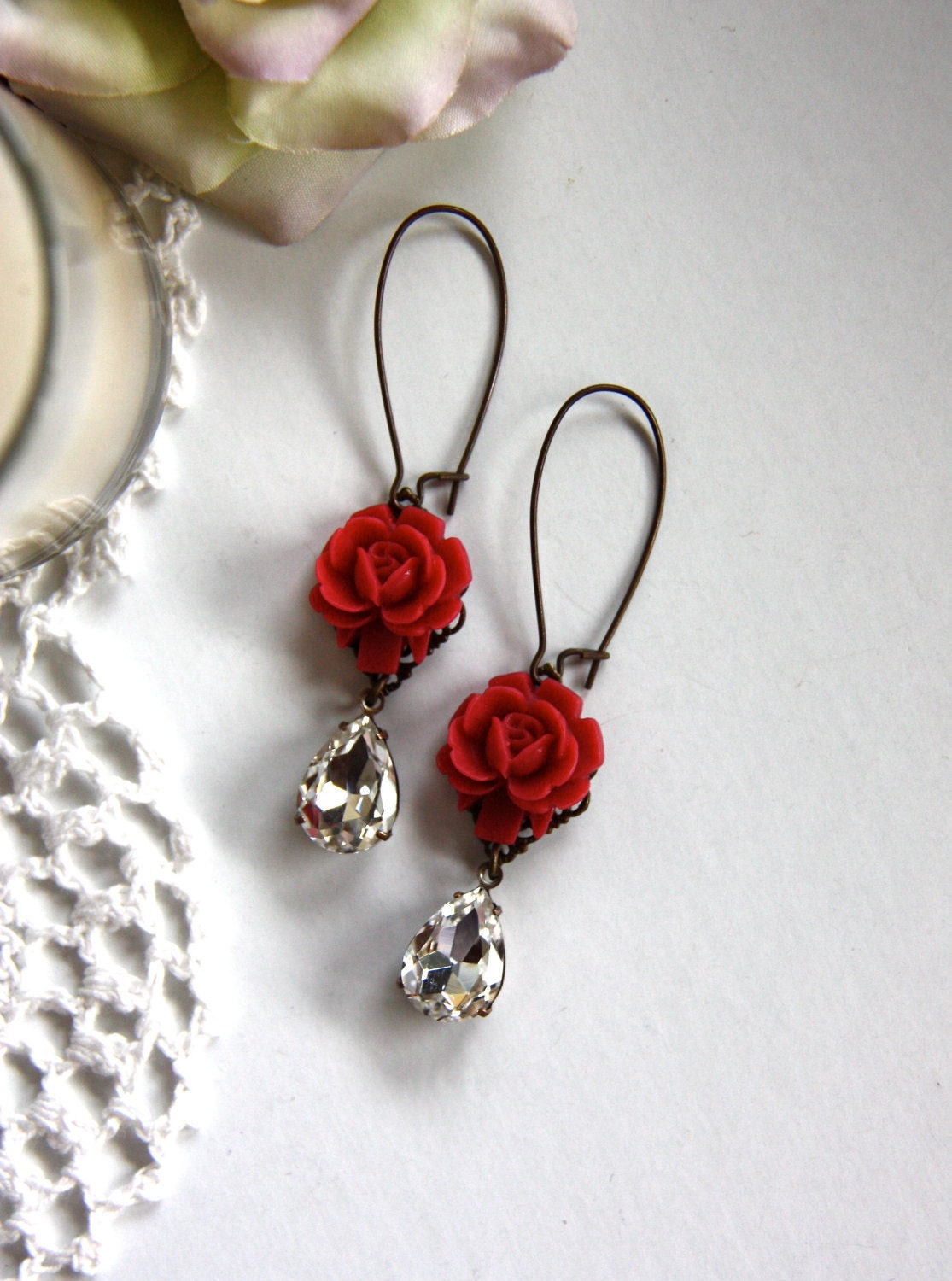 Beauty in Red - A Red Rose and A Vintage Crystal Glass Jewel Dangle Earrings. Bridal Earrings. Bridesmaid Earrings.