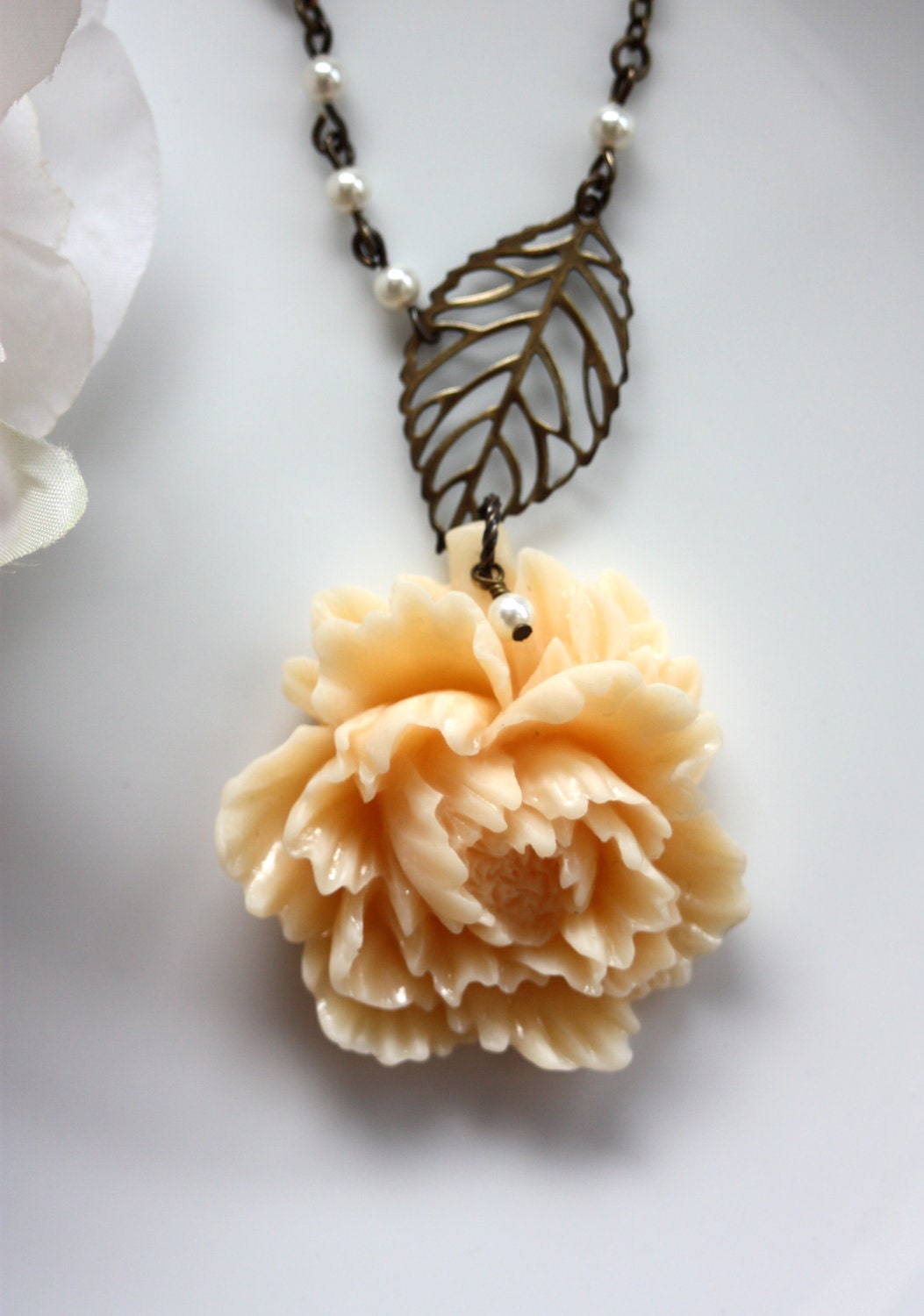Lilia - A Large Creamy Ivory Peony Rose, Ivory Pearls, Leafy Branch, Flying Bird Necklace. Gifts for Her. Bridesmaid Gifts. Gifts For Mom