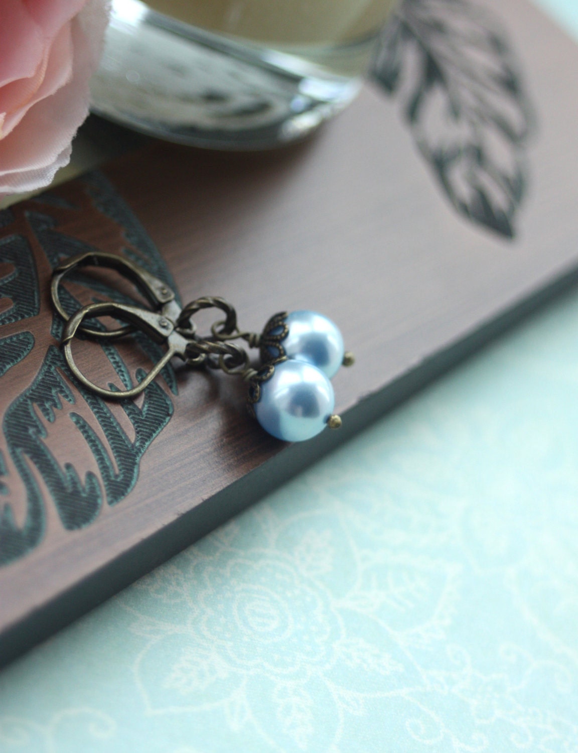 Set of Five (5) Pairs of Bridesmaid Earrings. Light Blue Swarovski Pearl Leverback Antique Brass  Earrings. Vintage Style. Bridesmaid Gift.