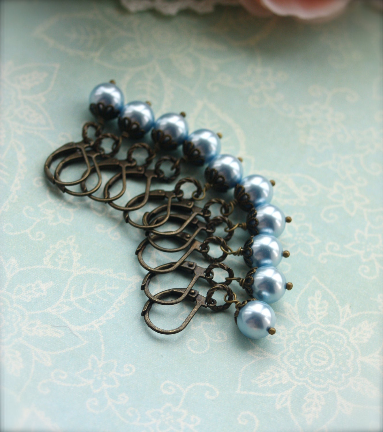 Set of Five (5) Pairs of Bridesmaid Earrings. Light Blue Swarovski Pearl Leverback Antique Brass  Earrings. Vintage Style. Bridesmaid Gift.
