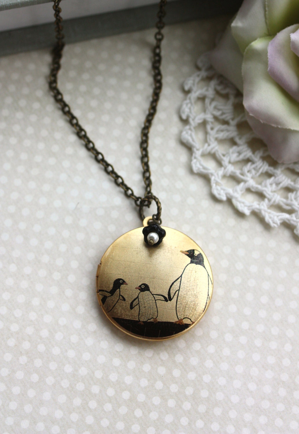 An Altered Art Locket of Family of Penguins - USA Handmade Image Photo Brass Locket Necklace. Unqiue.