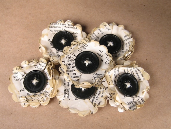 Vintage Dictionary Flowers with Big Black Buttons - My Little Birdie