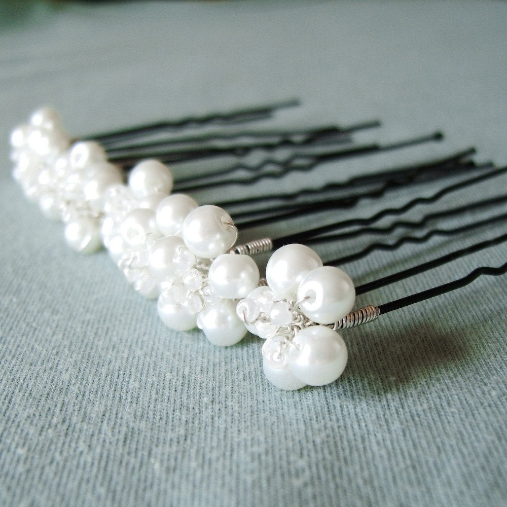 Hair Pins Flowers - White - Wedding Bridal - Beaded - Glass Pearls - 8 pcs