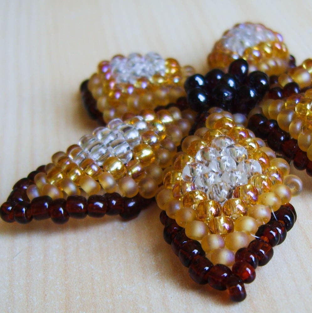 Beadwoven Glass and Garnet Brooch - Honey Flower - OOAK