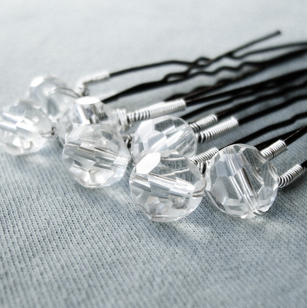Hair Pins Clear Crystals - Wedding Bridal - Beaded - Set of 7