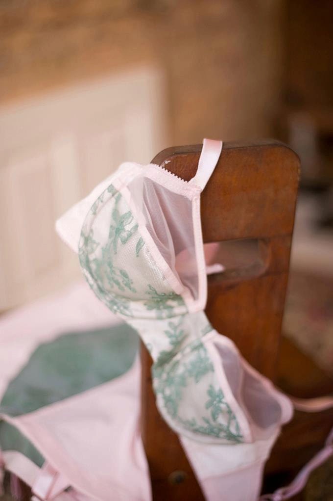 Pink & Green Chantilly Lace Bra, Vintage Style Peek a Boo Sheer Tease