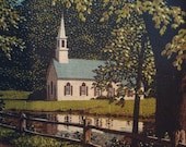 Country Church. Vintage 70s Print on Linen Country Church