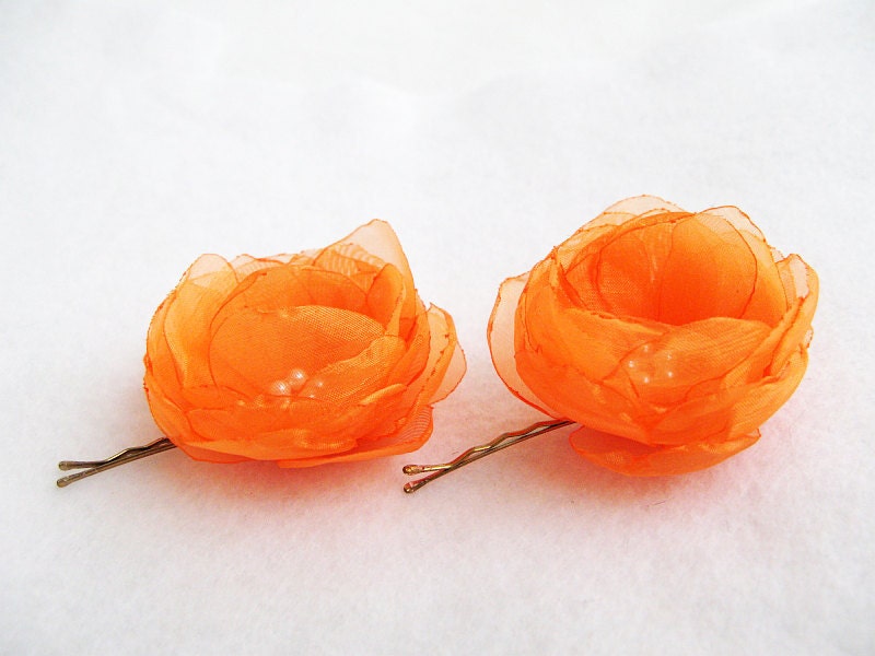 Bobby Pins with  Orange Organza Roses (2 pcs)