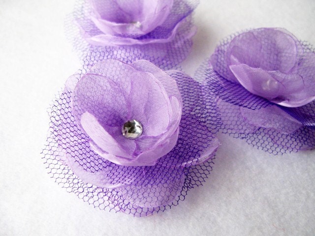3 pcs-Roses with Lilac Organza and Purple Tulle Fabric