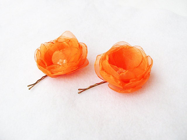 Bobby Pins with  Orange Organza Roses (2 pcs)