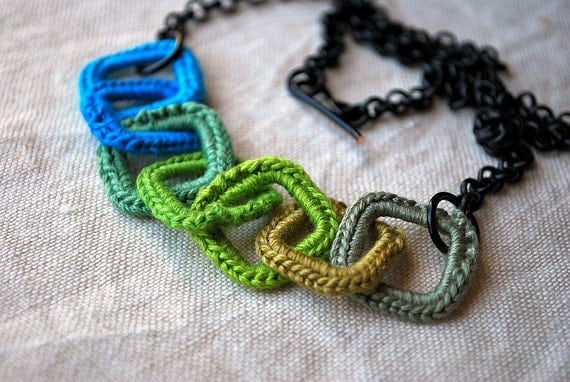 Turquoise and Green Crochet Square Links Necklace - So Unique