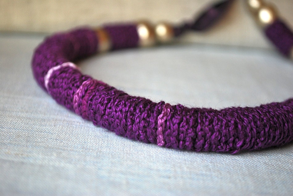 Long Purple Crochet Necklace with Handmade Beads