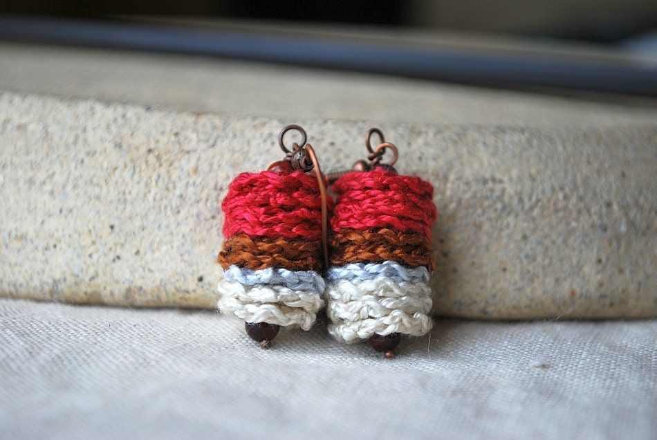 Magenta and Brown Crochet Earrings with Maroon Jasper