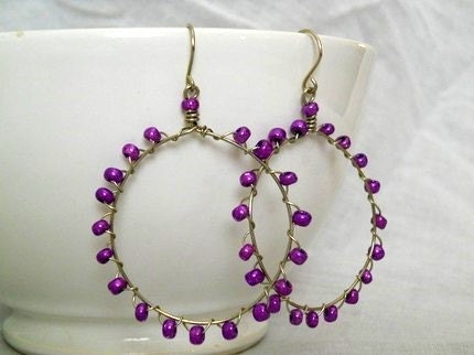 Purple Grapes Glass Seed Beaded Wire wrapped Hoops