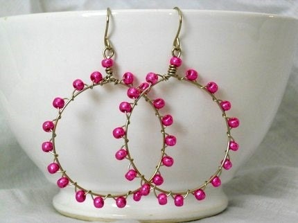 Neon Honeysuckle Pink Lady Glass Seed Beaded Wire wrapped Hoops - 1 1/2 inch hoop