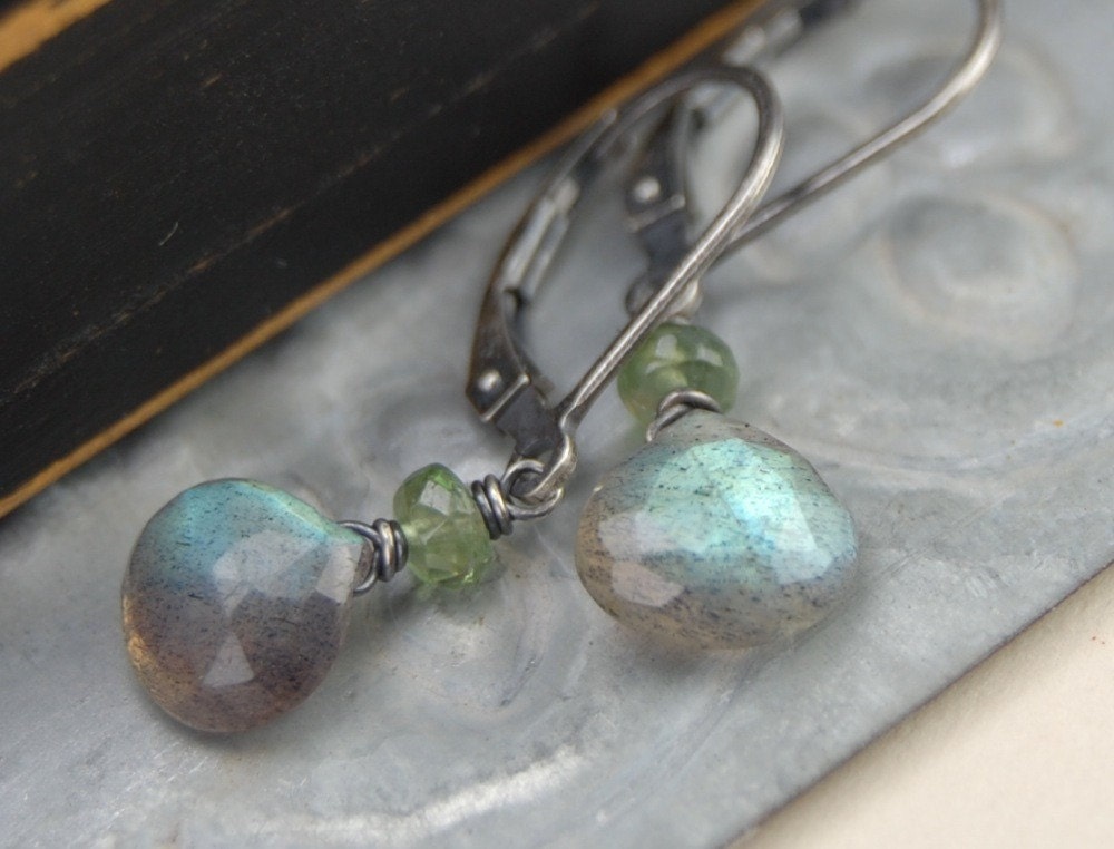Labradorite and green apatite oxidized wire wrapped sterling silver earrings "Nome" woodland fashion earrings