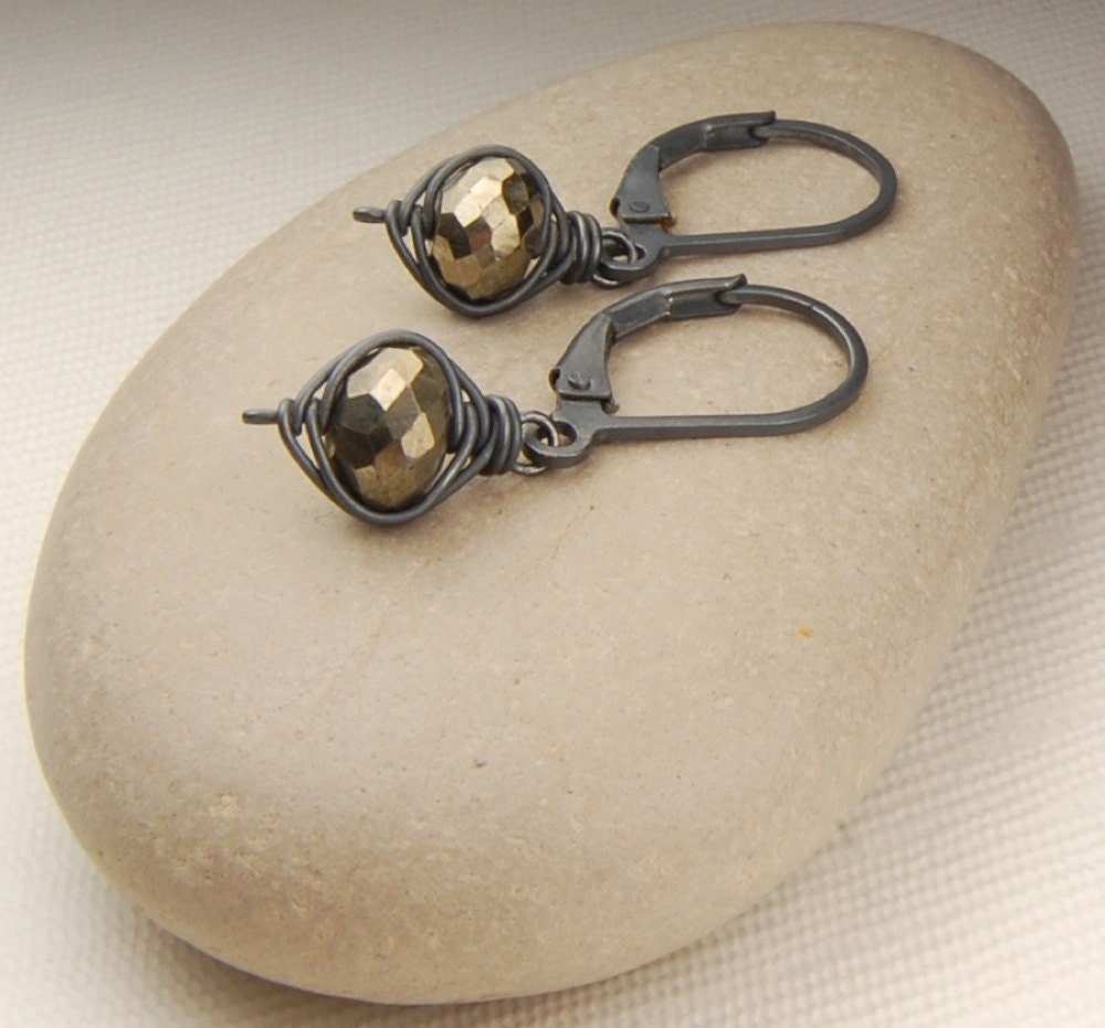Reserved for Pyewa . . . Pyrite, oxidized sterling silver wire wrapped earrings "Geo"