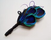 ELLIE Peacock Boutonniere or Lapel Pin - Black with Peacock Eyes and Purple Wisps - customizable