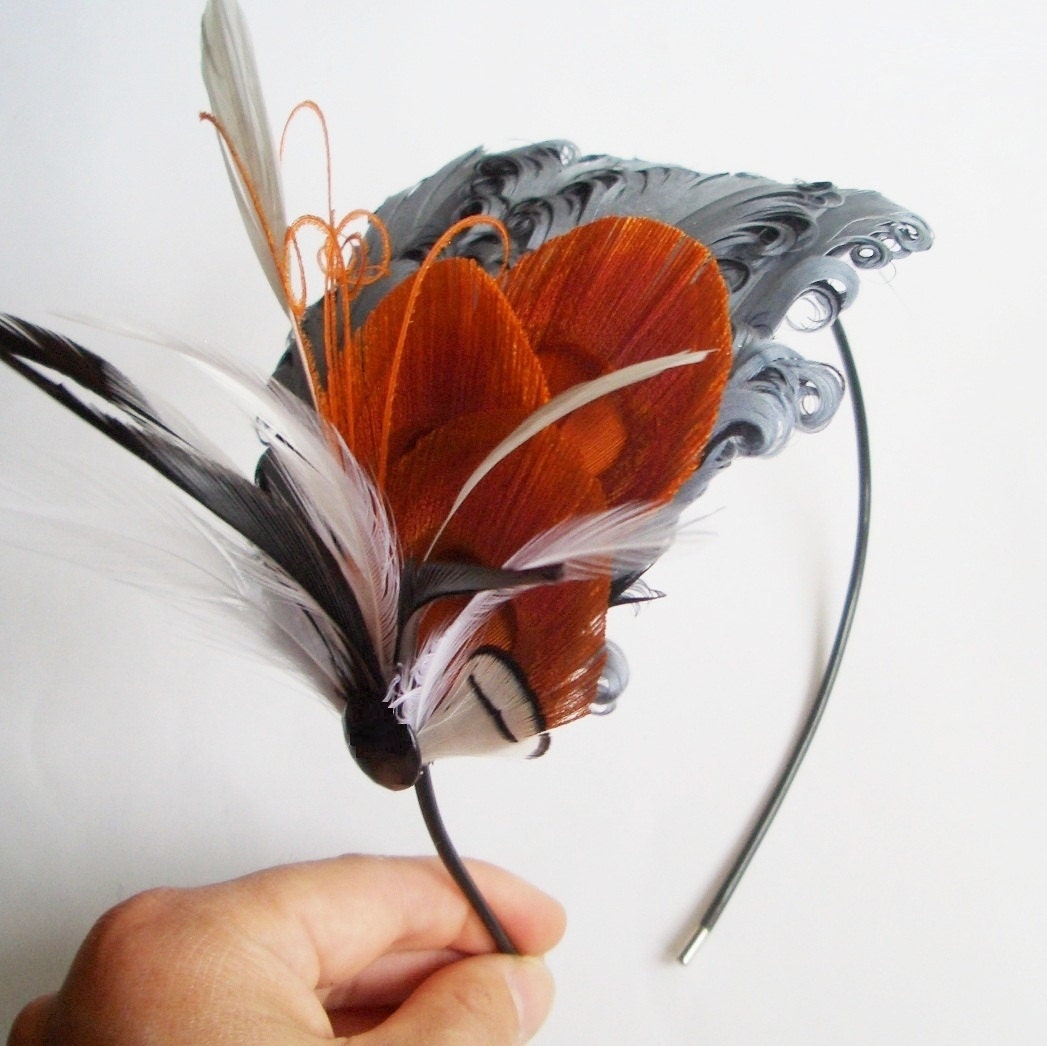REAGAN - Grey Curled Goose and Spice Orange Peacock Feather Headband - TheHeadbandShoppe REAGAN - Grey Curled Goose and Spice Orange Peacock Feather Headband - TheHeadbandShoppe