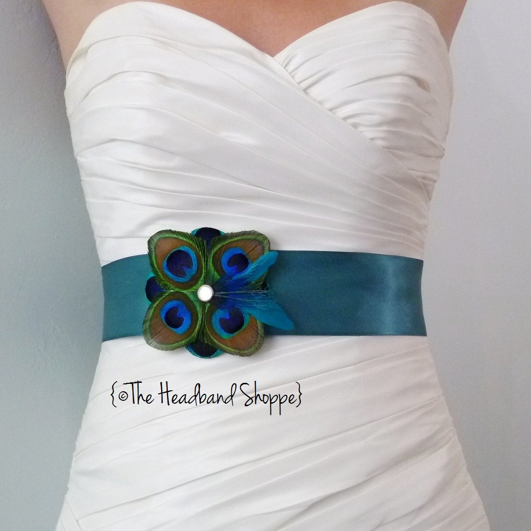 TUSCANY - Peacock Bridal or Bridesmaids Sash on Teal - Made to Order