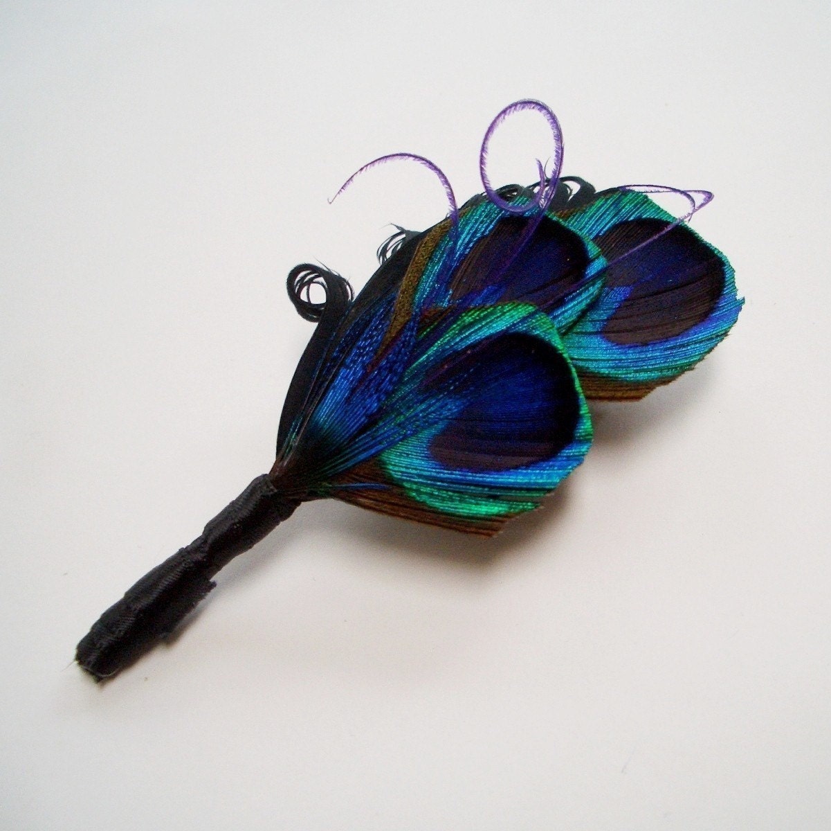 ELLIE Peacock Boutonniere or Lapel Pin - Black with Peacock Eyes and Purple Wisps - customizable