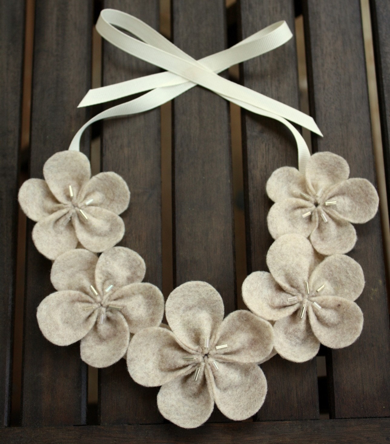 Eco Friendly Felt Flower Bib Necklace - Oatmeal