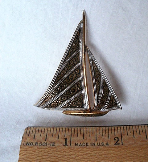 Vintage Damascene Style Sail Boat Pin - ourtimecapsule