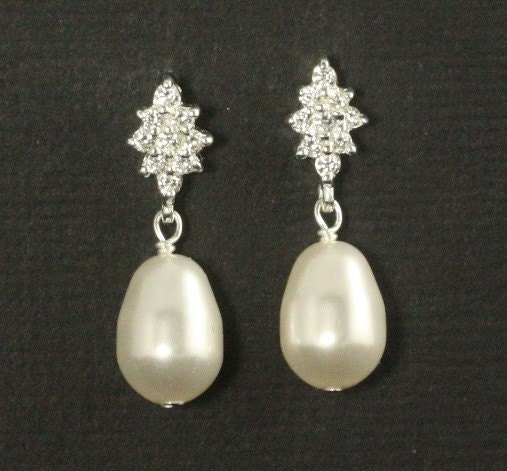 Art Deco Pearl Earrings -- Bridal, Art Deco Jewelry, Cubic Zirconia Posts, Studs, Vintage Wedding, Silver, Pearl Drops -- DIAMOND LUXE