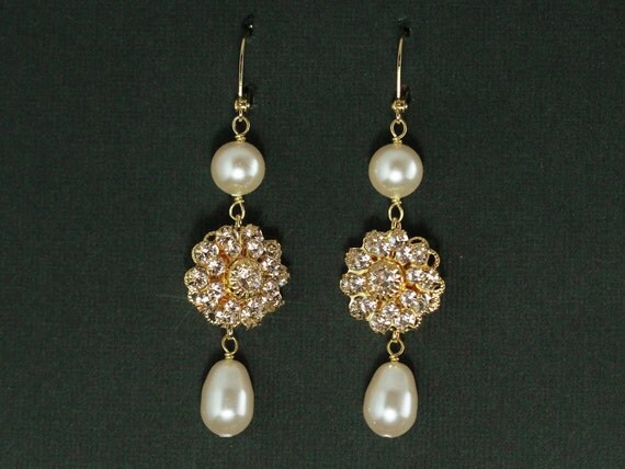 Gold Vintage Bridal Earrings -- Rhinestone Pearl Bridal Jewelry, Gold, Wedding Jewelry, Long Bridal Earrings -- VINTAGE GLAMOUR LONG
