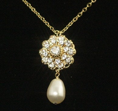 Gold Vintage Bridal Earrings -- Rhinestone Pearl Bridal Jewelry, Gold, Wedding Jewelry, Long Bridal Earrings -- VINTAGE GLAMOUR LONG