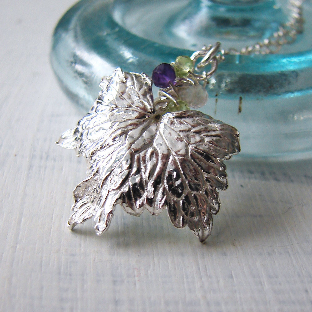 Leaf Necklace. Silver Necklace. Gemstone Pendant. Nature Wedding Jewelry