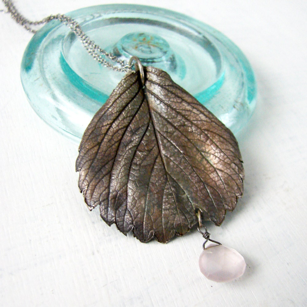 Strawberry Leaf Necklace. Large Silver Leaf Pendant.