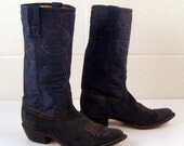 On SALE Denim Cowboy Boots Vintage 1970s Denim  Acme Blue Suede Leather Stacked Heel Cowboy Boots Men's 5 1/2